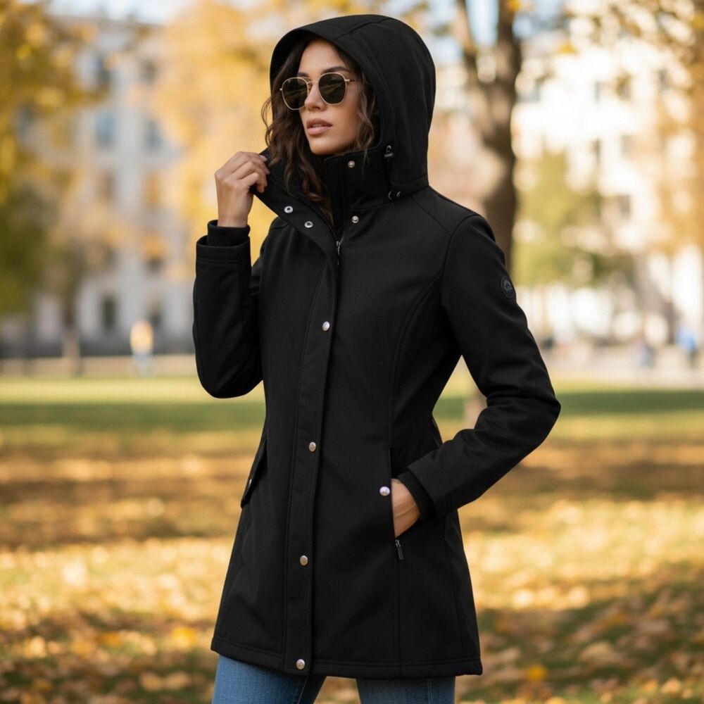 Jessica Simpson Hooded Jacket Womens S Black Softshell Faux Fur Lined Coat